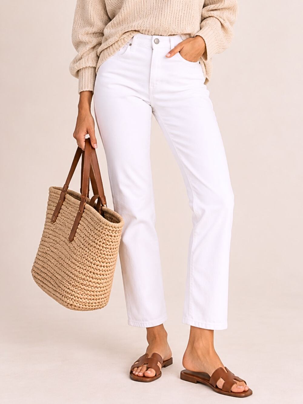 Everlane White Bone High Rise Straight Leg Crop Denim Jeans Ankle Pants Size 28